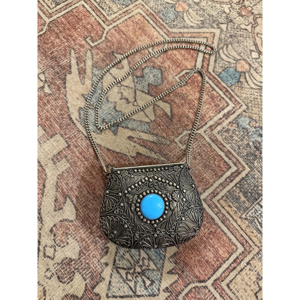 Vintage Sajai Metal‎ Cross Body Purse with Turquoise Gem. Beautifully Unique!